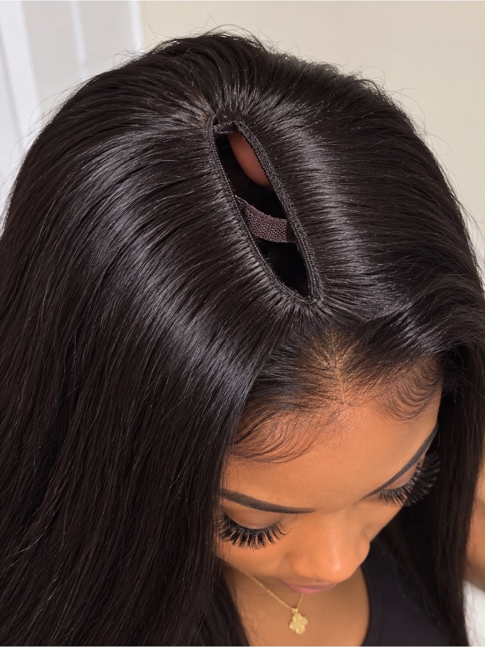 Natural Straight Black Wig with Center Slit - Unbranded